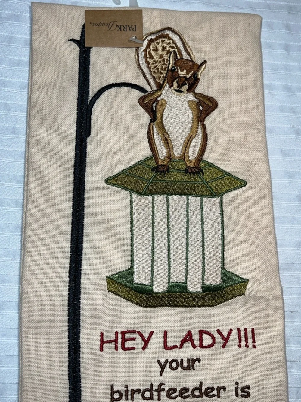 Park Lane Beige Kitchen Towel with Multicolor Embroidered Squirrel & Birdfeeder